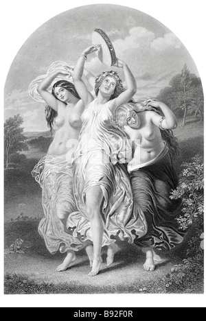 L'Allegro Les jeunes filles dansant avec tambourin John Milton II Peinture de W E Frost gravée par T Garner poète anglais Banque D'Images