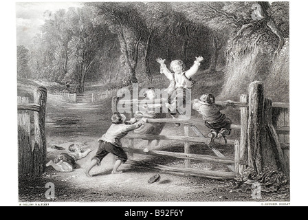 La porte de bois Enfants Enfant Garçon Fille jouer jouer Chaussure Bois Forêt haies chemin lane flâneurs Banque D'Images