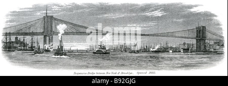 Pont suspendu entre new york et Brooklyn a ouvert 1883 de tous les progrès de l'ingénierie dans les années 1800, le pont de Brooklyn st Banque D'Images