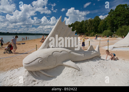 Sculpture de sable sur le lac Set Beach à Võru, Estonie, Europe Banque D'Images