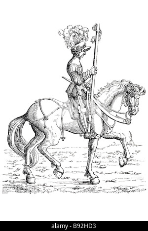 Période du burgmair équitation vêtements robe traditionnelle masque cross chevalier seigneur bannière équine costume emblème épée armure Hans Banque D'Images