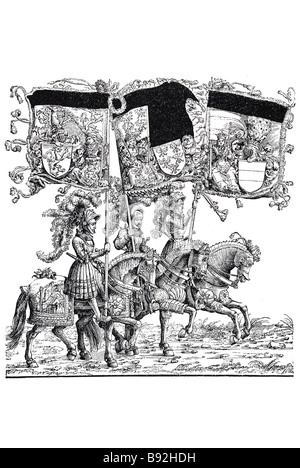 Le soldat mark burgmair seigneur chevalier cheval robe période vêtements traditionnels emblème armure costume bannière drapeau homme équine Banque D'Images