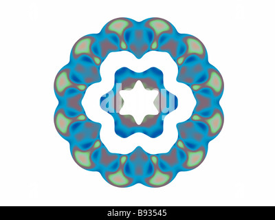 Un résumé de la fractale à motifs de cercles concentriques fait dans les tons de bleu, vert et brun sur un fond blanc. Banque D'Images