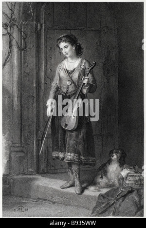 Le premier musicien violon glee girl robe période instrument jouant Femme chien porte des vêtements traditionnels possing chambre enfant Banque D'Images