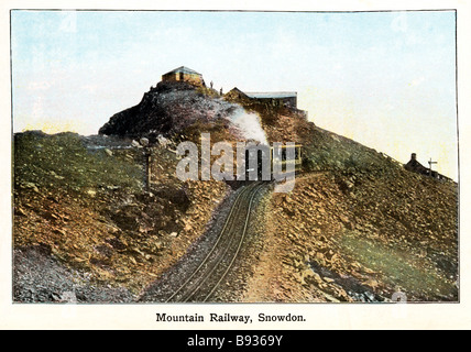 Snowdon Mountain Railway Edwardian photo colorée de l'apogée de la plus haute montagne du Pays de Galles et le chemin de fer touristique qui la dessert Banque D'Images