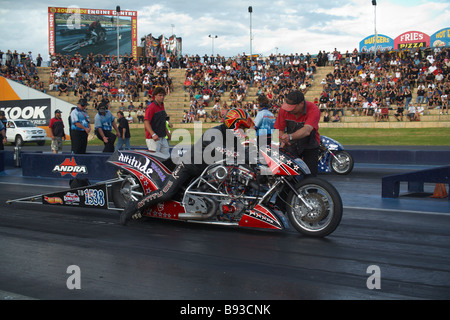 Haut de l'Australie occidentale drag racer vélo, Mark Ashelford, lignes son Harley Davidson moto basé sur la ligne de départ. Banque D'Images