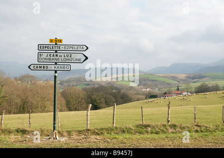 Paysage du Pays Basque en hiver des signes d'orientation routière bilingue français et une signalisation bilingue basque Banque D'Images