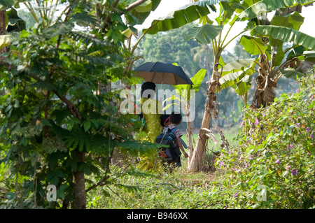 Les enfants à pied à l'école avec mère holding umbrella comme parasol en pleine campagne sur les rives d'un fleuve sur la Kerala Backwaters, Inde Banque D'Images