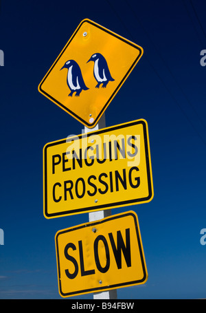 Pingouins Crossing Sign New Zealand Oamaru Banque D'Images