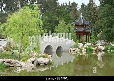 Jardin Chinois avec pont de pierre et Pagoda Banque D'Images