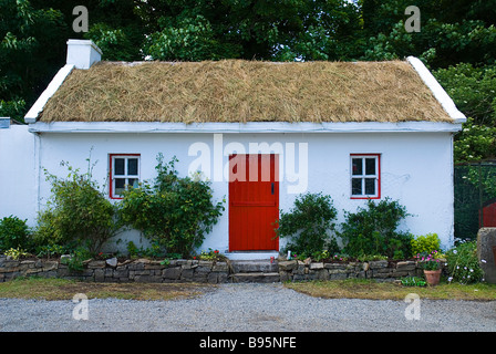 L'Irlande, Comté de Sligo, Platon moustique. Cottage peint en blanc à Sligo Folk Park chaume avec gazon. Banque D'Images