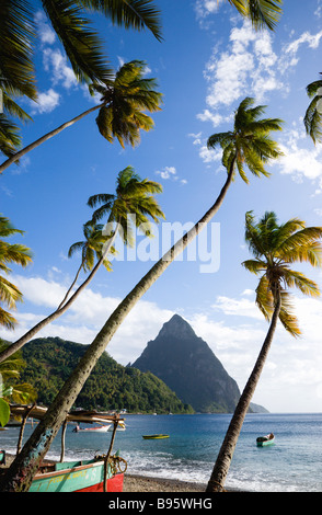 Antilles Caraïbes St Lucia Soufriere Pitons de bateaux de pêche sur la plage bordée de cocotiers avec ville et Petit Piton Banque D'Images