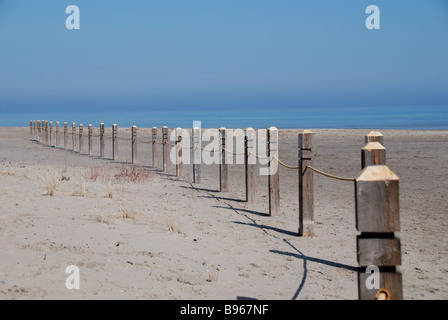 Une ligne de début de saison de postes installés sur une plage de Toronto pour séparer les prairies sensibles de l'aire de loisirs.. Banque D'Images