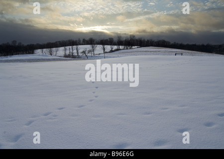 Coucher du soleil sur l'hiver champ neigeux, Hudson Valley, New York Banque D'Images