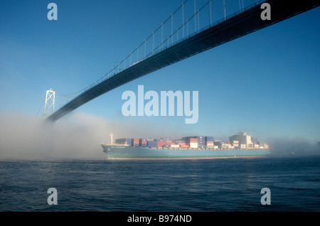 Freighter et tirer dans le brouillard sous pont Lionsgate Banque D'Images