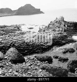 Années 1950, historique, un groupe de personnes sur l'anciennes formations rocheuses, les colonnes de basalte, à la fameuse Chaussée des Géants, en Irlande du Nord. Banque D'Images