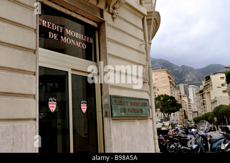 Monaco, Monte Carlo, vue extérieure de 'Credit mobilier Bank', bâtiment, entrée principale, panneau, banque privée Banque D'Images