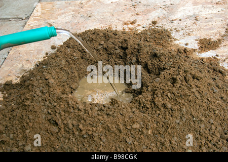 Le sable et le ciment de Portland ont été mélangés et l'eau est ajoutée dans un trou dans le centre Banque D'Images