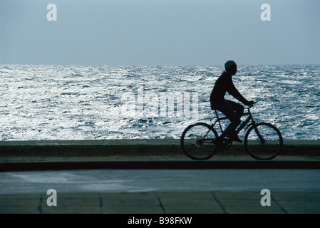 Man riding bicycle par waterside park Banque D'Images