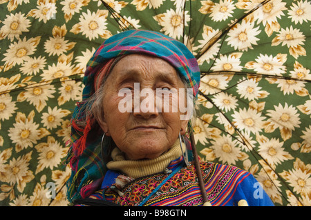 Femme Hmong Fleurs anciennes sur le marché en cau fils près de Bac Ha Vietnam Banque D'Images