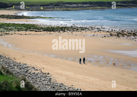 Couple avec chien à pied à la plage à Milltown Malbay (Stráid Na Cathrach), comté de Clare, Irlande Banque D'Images