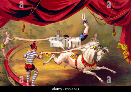 Circus affiche montrant acrobat performing on horse Banque D'Images