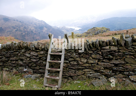 Stile de l'échelle sur le mur de pierres sèches. Banque D'Images