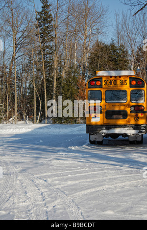 Paysage rural hivernal à Upper Peninsula Michigan autobus scolaire américain garé sur le terrain enneigé personne aux États-Unis vie quotidienne américaine verticale haute résolution Banque D'Images