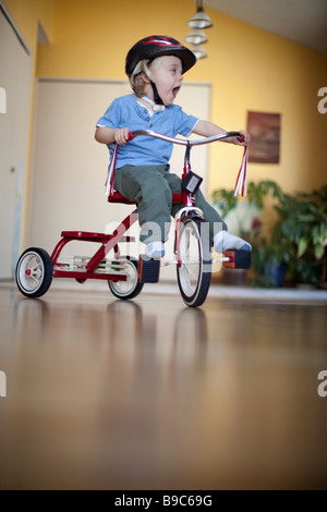 Tout-petit cheval un tricycle autour de la maison Banque D'Images