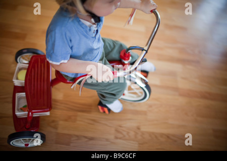 Tout-petit cheval un tricycle autour de la maison Banque D'Images