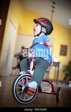 Tout-petit cheval un tricycle autour de la maison Banque D'Images