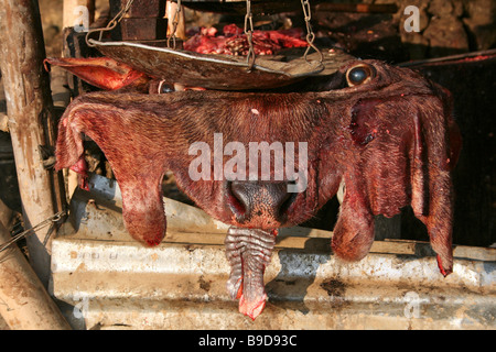 Peau de vache morte la tête sur un étal de boucherie dans mon, Nagaland, Inde Banque D'Images