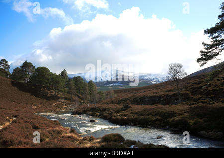 Glen Quoich plus en aval à Quoich avec de l'eau couvert de neige Morrone dans le fond près de Braemar, l'Aberdeenshire, au Royaume-Uni. Banque D'Images