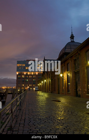 Buildings lit up at Dusk, Fischauktionshalle, Altona, Hambourg, Allemagne Banque D'Images