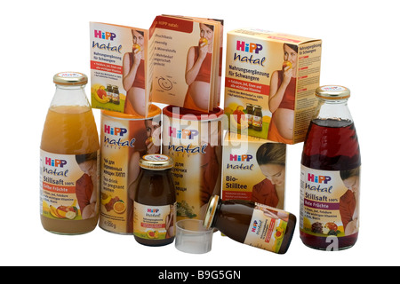 Hipp organic baby food and drink préservé sélection Mather pot verre de thé soins bébés enfance végétariens sains contenant Banque D'Images