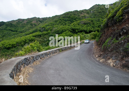 Voiture sur partie étroite de l'autoroute 450 Est à Halawa Valley, Molokai, Hawaï. Banque D'Images