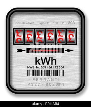 Avec des compteurs d'électricité £ pound signes sur fond blanc Banque D'Images