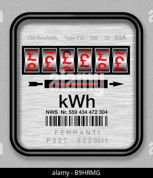 Avec des compteurs d'électricité £ pound signes sur fond gris Banque D'Images