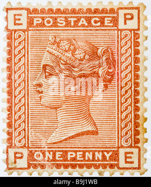 Gros plan d'un penny, 1d, rouge Victorian British timbre postal sur fond blanc émis vers 1880 SG 166. Menthe, non utilisée. Banque D'Images