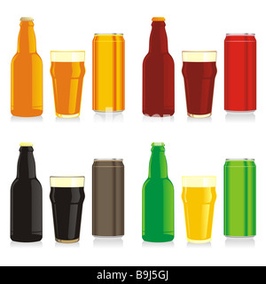 Les bouteilles de bière différentes isolées, les canettes et les verres Banque D'Images