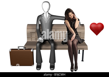 3d illustration of businessman assis sur un banc avec une jeune fille timide à côté de lui et le coeur isolé sur fond blanc vue avant Banque D'Images