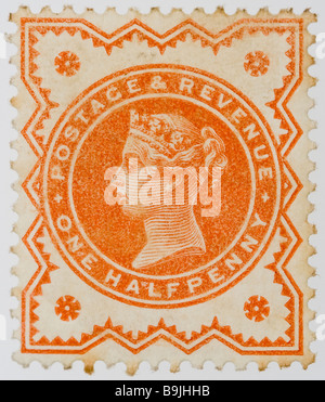 Gros plan de la ½ sou orange Victorian British postal timbre sur fond blanc publié entre 1887 et 1900, partie de la "Jubilee issue". Menthe Banque D'Images