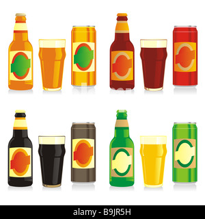Les bouteilles de bière différentes isolées, les canettes et les verres Banque D'Images