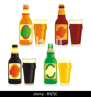Bouteilles et verres isolées de différents types de bière Banque D'Images