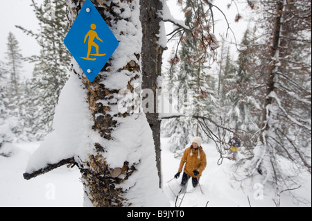 High angle view of a Mid adult woman en raquettes avec des bâtons de ski randonnée en raquettes sous un signe profond de sentier en poudre. Banque D'Images