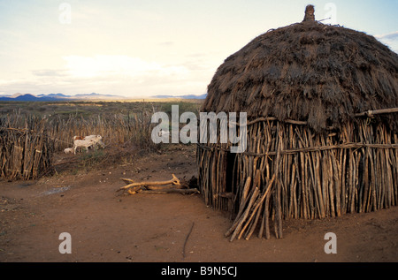 L'Ethiopie, vallée de l'Omo, classé au Patrimoine Mondial par l'UNESCO, hutte d'une famille Hamer Banque D'Images