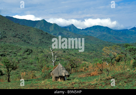 L'Ethiopie, vallée de l'Omo, classés au Patrimoine Mondial de l'UNESCO, cabane de tribu Surma, Duko montagnes en arrière-plan Banque D'Images