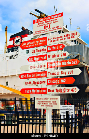 Sign post pointant vers différentes destinations à travers le monde à la Musée de Saint Catharines Lock,3,Welland Canals Centre. Banque D'Images