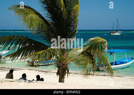 Yucatan Mexique Puerto Morelos 2009 famille dans l'ombre d'un palmier sur la plage Banque D'Images