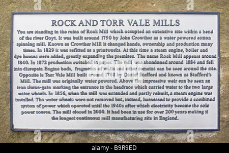 Description Plaque Rock et Torr Vale Mills. New Mills, Derbyshire, Royaume-Uni. Banque D'Images